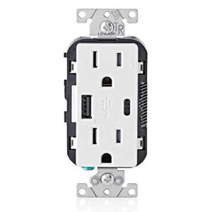 Leviton T5633-W 15-Amp Type A & Type-C USB Charger/Tamper Resistant Outlet, Not for Laptops, White