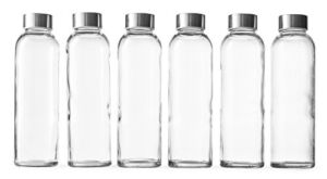 Epica Clear Glass Bottles with Lids | Natural BPA Free Eco Friendly, Reusable Refillable Water Bottles for Juicing | Wide Mouth Liquid Storage Containers for Refrigerator, 18 oz Water Bottle Set of 6