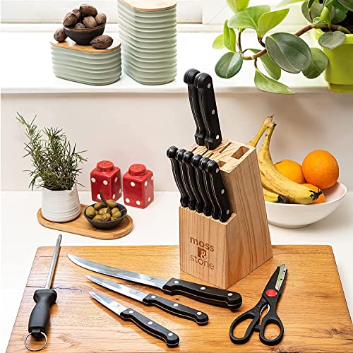 Moss & Stone Stainless Steel Serrated Knife Set | Kitchen knives Set With High-Carbon Stainless Steel Blades And Wooden Block Set | Cutlery Knife Set, Kitchen Set. (14 Piece) | The Storepaperoomates Retail Market - Fast Affordable Shopping