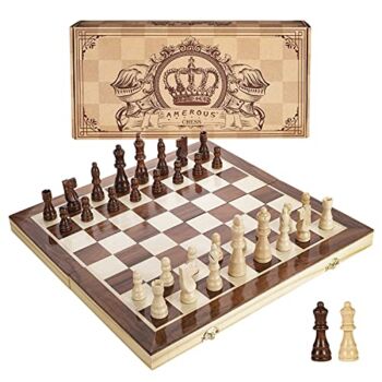 AMEROUS 15 Inches Magnetic Wooden Chess Set – 2 Extra Queens – Folding Board, Handmade Portable Travel Chess Board Game Sets with Game Pieces Storage Slots – Beginner Chess Set for Kids and Adults | The Storepaperoomates Retail Market - Fast Affordable Shopping
