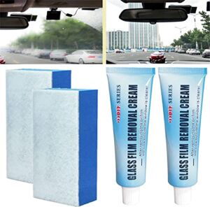 Car Glass Oil Film Cleaner, Glass Film Removal Cream, Glass Oil Film Remover for Car, Universal Car Glass Polishing Degreaser Cleaner, Glass Stripper Water Spot Remover with Sponge (2pcs)