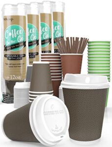 [40 Packs] MRcup 12oz Insulated Triple Wall Coffee Cups with Lids and Straws, PerfectTouch Leakfree Disposable Coffee Cups, Anti-slip Anti-spill Togo Hot & Cold Reusable Paper Cups, Brown