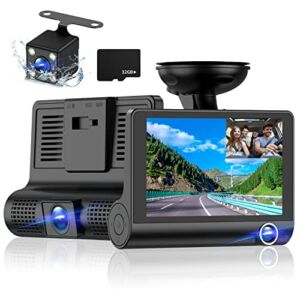 Dash Cam Front and Rear Video Recorder Rear Camera 1080P Dashcam with 4 inches, Super Night Vision, 170°Wide Angle, Loop Recording, G-Sensor, Parking Monitor, Motion Detection, with 32GB Card