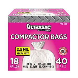 Ultrasac Compactor Bags – (40 Pack with Ties) 18 Gallon for 15 inch Compactors – 25″ x 35″ Heavy Duty 2.5 MIL Garbage Disposal Bags Compatible with Kitchenaid Kenmore Whirlpool GE Gladiator