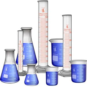 Beaker, Flask, Cylinder Set, 3.3 Boro. Glass – 9 Pieces – Beaker Set, Flask Set, and Graduated Cylinder Set, Karter Scientific 233N2