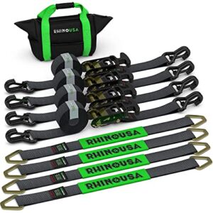 Rhino USA Car Trailer Ratchet Straps Kit – 11,128lb Guaranteed Break Strength – Use for Car, Truck, UTV & More – (4) Premium 2″ x 8′ Ratchet Straps with Padded T-Handles + (4) Axle Straps Tie Down