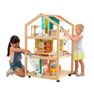 KidKraft So Stylish Mansion Wooden Mid-Century Dollhouse with EZ Kraft Assembly™, Open-Concept, Wheeled Base and 42 Accessories, Gift for Ages 3+