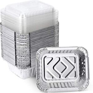 XIAFEI 1LB Aluminum Pans with Clear Lids (50PACK)，Foil Pans – to Go Food Containers，Recyclable Aluminum Foil with Strong Seal for Freshness & Spill Resistance- 5.5″x 4.5″x 1.57″