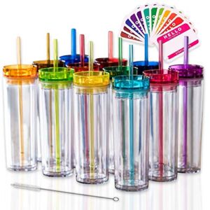 SKINNY TUMBLERS 12 Colored Acrylic Tumblers with Lids and Straws | Skinny, 16oz Double Wall Clear Plastic Tumblers With FREE Straw Cleaner & Name Tags! Reusable Cup With Straw (Multicolors, 12)