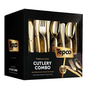 300 Gold Plastic Silverware Set – Plastic Gold Cutlery Set – Disposable Flatware Gold – 100 Gold Plastic Forks, 100 Gold Plastic Spoons, 100 Gold Cutlery Knives Heavy Duty Silverware for Party Bulk