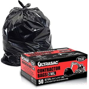 Ultrasac Heavy Duty Contractor Bags (Value 50 Pack/w Ties), 42 Gallon, 32.75″ X 47″ – 3 MIL Thick Large Black Industrial Garbage Trashbags for Construction and Commercial use