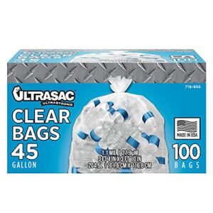 Ultrasac Heavy Duty 45 Gallon Garbage Bags (Huge 100 Pack w/Ties) – 40″ x 46″ – Industrial Quality Clear Trash Bags for Paper, Plastic, Cans, Bottles, Newspaper, Grass, Lawn