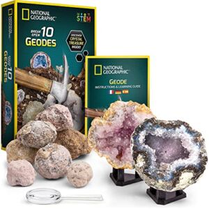 NATIONAL GEOGRAPHIC Break Open 10 Premium Geodes – Includes Goggles, Detailed Learning Guide & 2 Display Stands – Great STEM Science Gift for Mineralogy & Geology Enthusiasts of Any Age