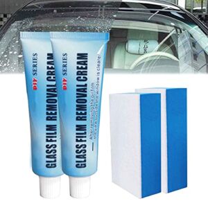2PC Glass Film Removal Cream, Car Glass Oil Film Cleaner, Car Windshield Oil Film Cleaner, Glass Stripper Water Spot Remover with Sponge 20g/1pc