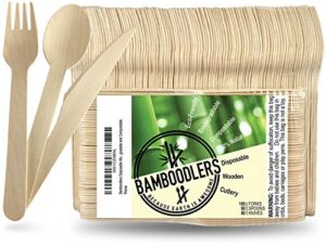 BAMBOODLERS Disposable Wooden Cutlery Set | 100% All-Natural, Eco-Friendly, Biodegradable, and Compostable – Because Earth is Awesome! Pack of 200- 6.5” utensils (100 forks, 50 spoons, 50 knives)