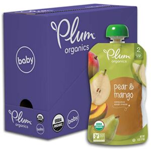 Plum Organics Baby Food Pouch | Stage 2 | Pear and Mango | 4 Ounce | 6 Pack | Fresh Organic Food Squeeze | For Babies, Kids, Toddlers