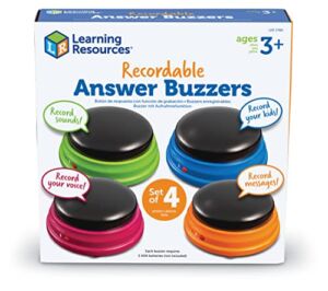 Learning Resources Recordable Answer Buzzers – Set of 4, Ages 3+ | Pre-K Personalized Sound Buzzer, Recordable Buttons, Game Show Buzzers, Perfect for Family Game and Trivia Nights, Dog Buttons for Communications