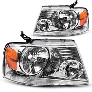 DWVO Headlight Assembly Compatible with 2004 2005 2006 2007 2008 Ford F150 Pickup Passenger and Driver Side Chrome Housing Amber Reflector