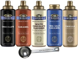 Ghirardelli – 16 Ounce Black Label, 16 Ounce Vanilla, 16 Ounce White, 17 Ounce Caramel, 17 Ounce Sea Salt Caramel Flavored Sauce (Set of 5) with Ghirardelli Stamped Barista Spoon