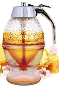 Hunnibi Honey Dispenser No Drip Glass – Maple Syrup Dispenser Glass – Beautiful Honey Comb Shaped Honey Pot – Honey Jar with Stand, Great Bee Decor