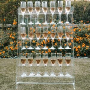 2-in-1 Champagne Wall Holder for Party or Donut Stand Acrylic Wedding Decor 32″ x 22″ Tabletop Tower | 3 Tier – 21 Drink Holding Slots | 25 Snack Dowels Mimosa Bar Decorations | Cups NOT Included