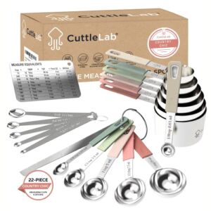 CuttleLab 22-Piece Stainless Steel Measuring Cups and Spoons Set, Tad Dash Pinch Smidgen Drop Mini Measuring Spoons, Measuring Stick Leveler, Measurement Conversion Chart Fridge Magnet, (Country Chic)