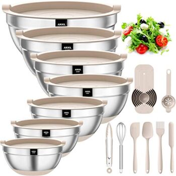 Mixing Bowls with Airtight Lids, 20 piece Stainless Steel Metal Nesting Bowls, AIKKIL Non-Slip Silicone Bottom, Size 7, 3.5, 2.5, 2.0,1.5, 1,0.67QT Great for Mixing, Baking, Serving (Khaki) | The Storepaperoomates Retail Market - Fast Affordable Shopping