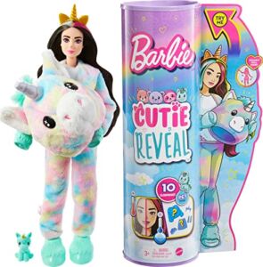 Barbie Doll, Cutie Reveal Unicorn Plush Costume Doll with 10 Surprises, Mini Pet Unicorn, Color Change and Accessories, Fantasy Series​​​