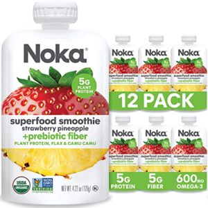 Noka Superfood Fruit Smoothie Pouches, Healthy Snacks (Strawberry Pineapple) Pack of 12, Vegan, Gluten-Free, with Flax Seed, Prebiotic Fiber & Plant Protein, Organic Squeeze Pouch 4.22oz Each
