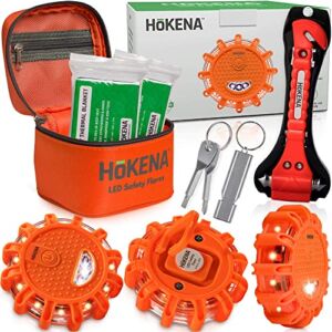 HOKENA 9 Piece Set – LED Road Flares Emergency Lights & Car Safety Kit – Roadside Warning Flare Beacon Disc for Vehicle & Boat with Magnetic Base, Batteries Included, Seatbelt Cutter & Window Breaker
