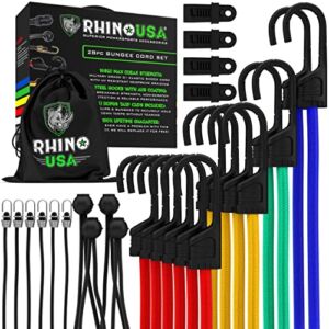 Rhino USA Bungee Cords Outdoor with Hooks – Heavy Duty 28pc Assortment with 4 Free Tarp Clips, Drawstring Organizer Bag, Canopy Ties & Ball Bungees – Unlimited (Bungee Cord Set)