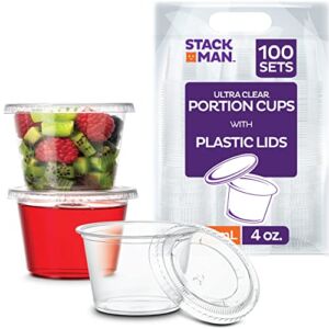 [100 Sets – 2 oz.] Small Plastic Condiment Containers with Lids, Jello Shot Cups, Portion Cups with Lids, 2oz Dipping Sauce Cup, Salad Dressing Container, Disposable Mini Plastic Souffle Cups Ramekins