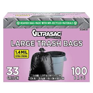 Ultrasac – 792763 UltraSac 33 Gallon Trash Bags – (Huge 100 Pack/w Ties) – 39′ x 33′ Heavy Duty Large Professional Quality Black Garbage Bags – Extra Strong Plastic Trashbags for Home, Kitchen, Lawn, and Other