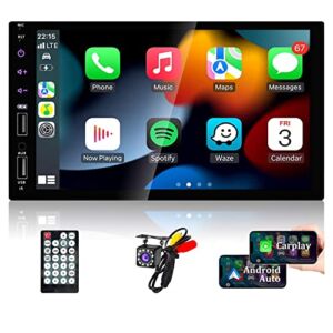 Double Din Car Stereo Compatible with Carplay/Android Auto, 7 Inch Full HD Capacitive Touchscreen – Bluetooth, Backup Camera, Mirror Link, Subwoofer, USB/AUX, FM, Car Radio