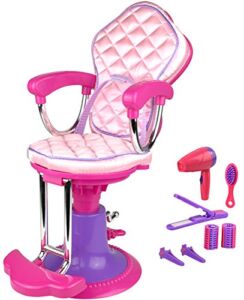 Pretend Play Hair Salon Toy for Girls, Click N’ Play Doll Salon Chair with 8 Doll Hair Accessories, Includes Chair, Hair Brush, 2 Hair Clips, 2 Curlers, Girl Gift Ages 3+, Pink & Purple