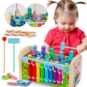 7 in 1 Hammering Pounding Toys Wooden Montessori Educational Fishing Game Xylophone Toy for 1 2 3 Year Old Baby Sensory Developmental Toy Fine Motor Skill Preschool Toddler Activities Age 1-2 2-4 Gift