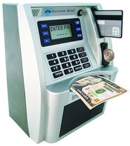 ATM Toy Savings Bank with Motorized Bill Feeder, Coin Reader and Balance Calculator (Black/Silver)