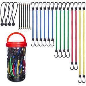 EFFICERE 24-Piece Premium Bungee Cord Assortment in Storage Jar – Includes 10”, 18”, 24”, 32”, 40” Bungee Cords and 8” Canopy/Tarp Ball Ties