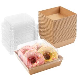 Ocmoiy 50 Pack Paper Charcuterie Boxes with Clear Secure Lids, 5 inches Brown Square Disposable Food Containers Bakery Boxes for Sandwich, Slice Cake, Cookies, Hot Cocoa Bombs, Strawberries