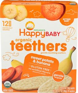 Happy Baby Gentle Teethers Organic Teething Wafers Banana Sweet Potato, Soothing Rice Cookies for Teething Babies Dissolves Easily Organic Gluten Free No Artificial Flavor,0.14 Ounce (Pack of 12)