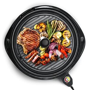 Elite Gourmet EMG-980B Smokeless Electric Tabletop Grill Nonstick, 6-Serving, Dishwasher Safe Removable Grilling Plate, Grill Indoor, Tempered Glass Lid, Adjustable Temperature, 14″, Black