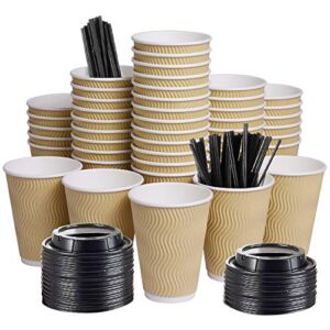 SPRINGPACK 12oz 100 Packs Insulated Kraft Ripple Wall Disposable To Go Paper Coffee Cups for Office Parties Home Travel Corrugated Sleeve Hot Drink Cups with Lids & Straws,100 Count 12 oz