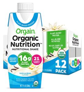 Orgain Organic Vegan Plant Based Nutritional Shake, Vanilla Bean – Meal Replacement, 16g Protein, 21 Vitamins & Minerals, Non Dairy, Gluten Free, Lactose Free, Kosher, Non-GMO, 11 Fl Oz (Pack of 12)