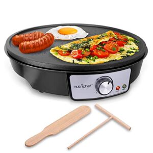 Electric Griddle Crepe Maker Cooktop – Nonstick 12 Inch Aluminum Hot Plate with LED Indicator Lights & Adjustable Temperature Control – Wooden Spatula & Batter Spreader Included – NutriChef PCRM12