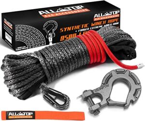 ALL-TOP Synthetic Winch Rope Cable Kit: 1/4″ x 50 ft 9500LBS Winch Line with Protective Sleeve + Forged Winch Hook + Safety Pull Strap