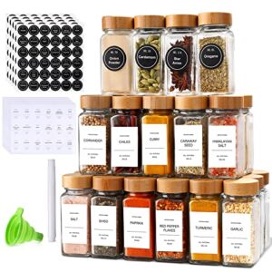 Spice Jars with Label-4oz 24Pcs,DIMBRAH Glass Spice Jars with Bamboo Lids,Spices Container Set with White Printed Spice Labels,Kitchen Empty Spice Jars with Shaker Lids