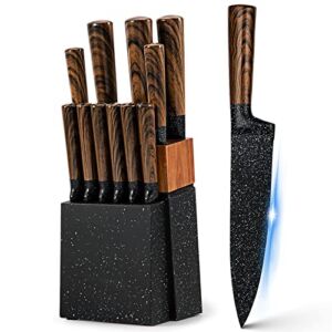 Knife Set,12-Piece Kitchen Knife Set with Wooden Block,Professional Chef Knife Sets with steak knives,High Carbon German Stainless Steel Knife with Japanese Designed Wooden Pattern Stainless Handle