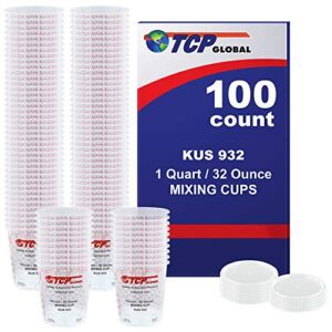 (Full Case of 100 each – Quart (32oz) PAINT MIXING CUPS) by Custom Shop – Cups are Calibrated with Multiple Mixing Ratios (1-1) (2-1) (3-1) (4-1) (8-1) BOX of 100 Cups includes 12 bonus Lids Epoxy Resin