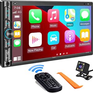 Double Din Car Stereo Compatible with Voice Control Apple Carplay – 7 Inch HD LCD Touchscreen Monitor, Bluetooth, Subwoofer, USB/SD Port, A/V Input, AM/FM Car Radio Receiver, Backup Camera