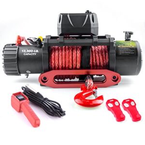 RUGCEL 13500lb Waterproof Electric Red Synthetic Rope Winch with Hawse Fairlead, Wired Handle and 2 Wireless Remote (RED)